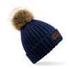 Womens Faux Fur Pom Beanie Navy