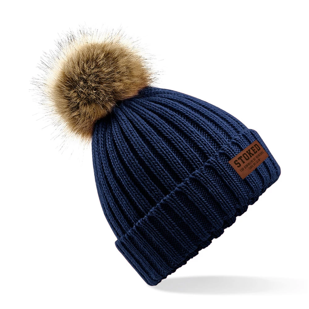 Womens Faux Fur Pom Beanie Navy